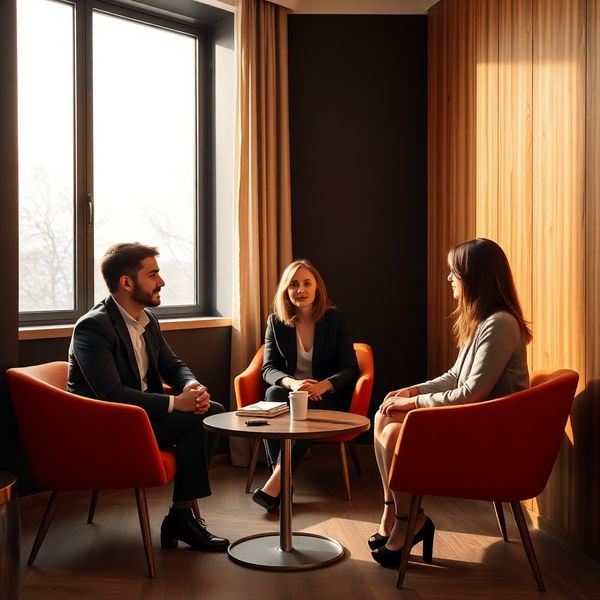 Echipă mică de consultanță într-un interior sobru din Brașov, moment de consultare